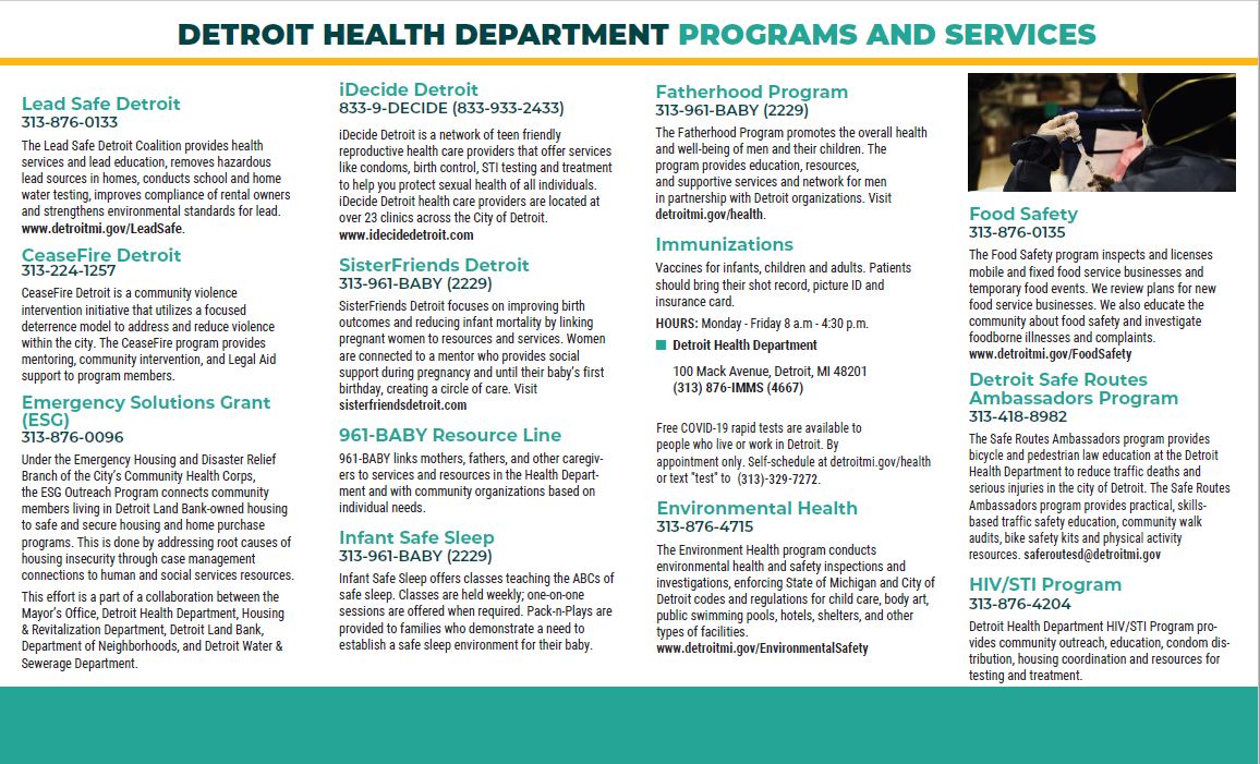 Back of brochure, list of programs and services